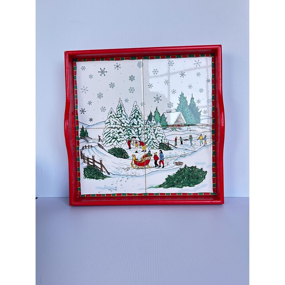 Vintage 90s Christmas Ceramic Tile Tray – Nostalgic Winter Scene, 90’s Christmas